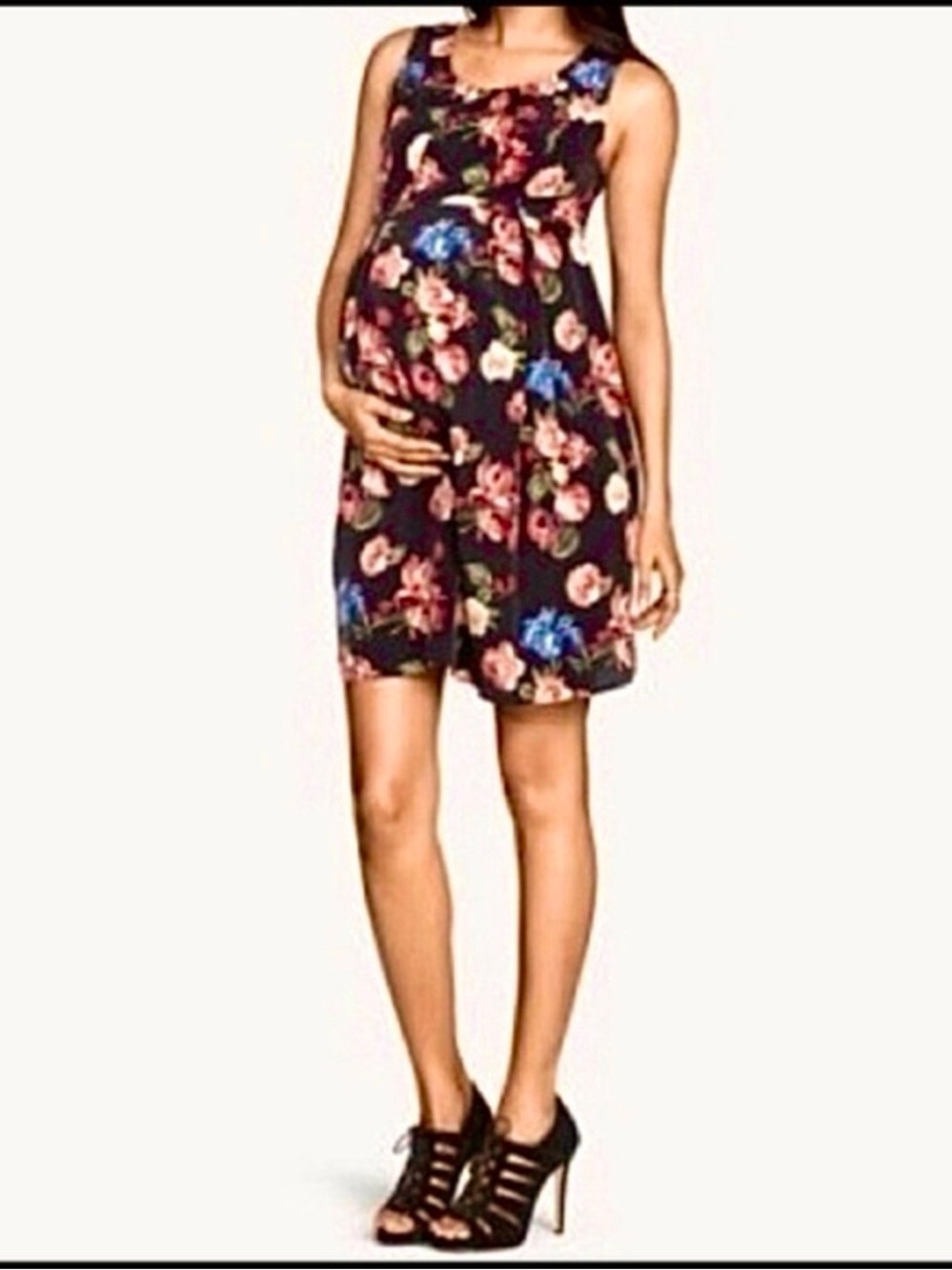 Mama by H&M Maternity Black Burgundy Floral Mini Dress M Garden Party
